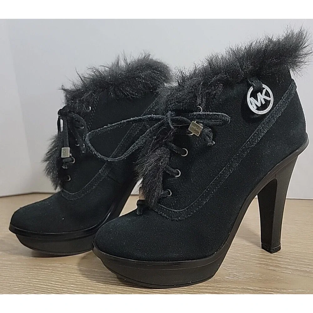 Michael Kors Boots Women's‎ 5M Carlie Fur Trim High Heels Ankle Lace Up Black